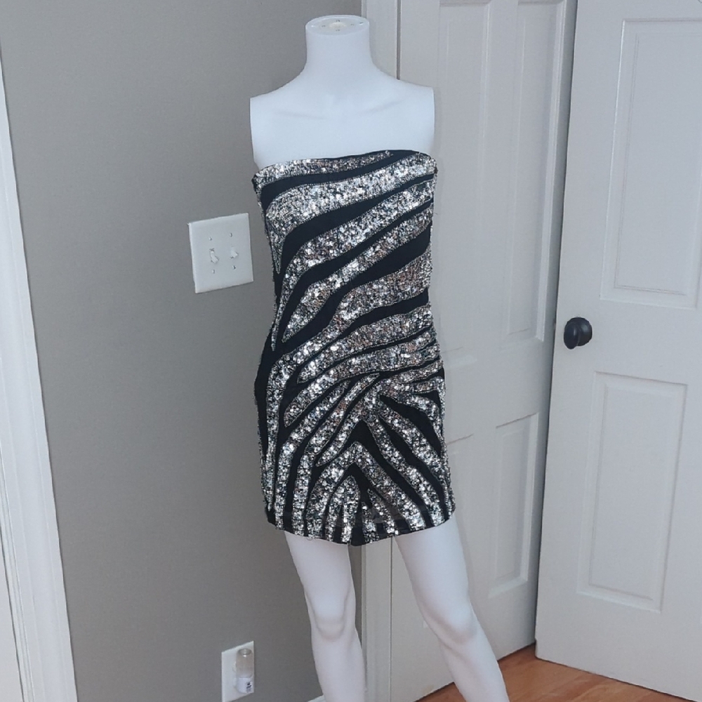 NBD Strapless Black and Silver Sequin Dress